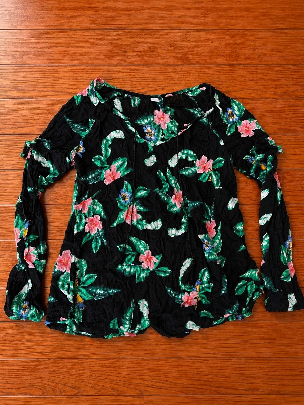 Old Navy Womens Small Floral Boho Blouse Black Tropical Long Sleeve Top S